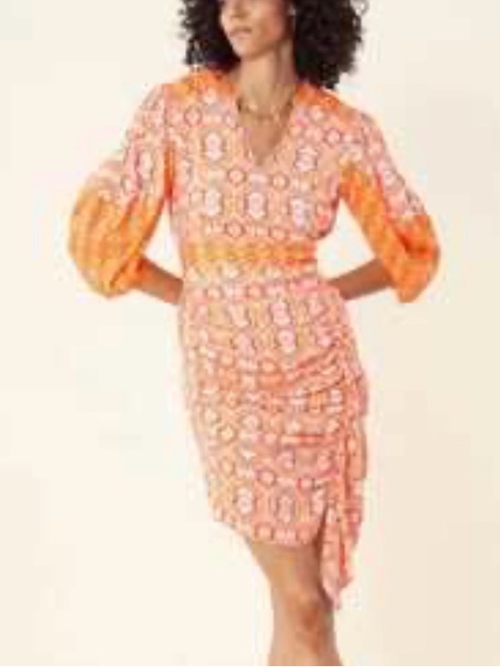 Hale Bob Orange Pink Geometric V-Neck Midi Dress